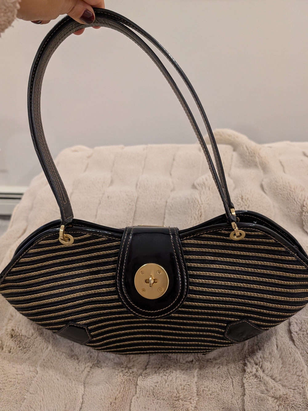 Black and Gold Eric Javits striped shoulder Bag  Turn-Lock